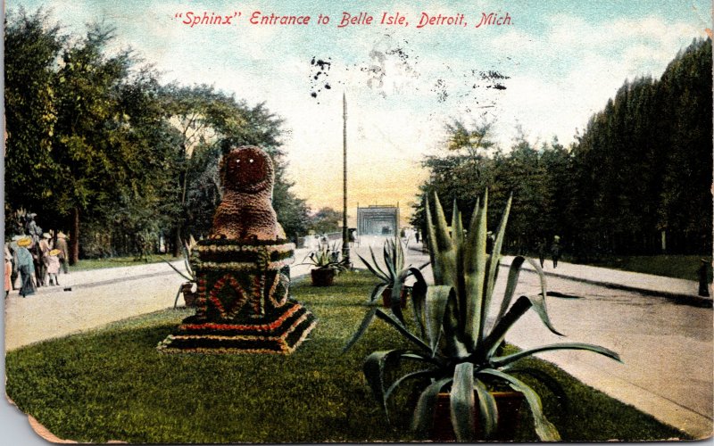 Detroit MI Sphinx Entrance to Belle Isle Postcard used 1907