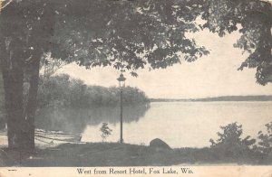 WEST FROM RESORT HOTEL FOX LAKE WISCONSIN POSTCARD 1913