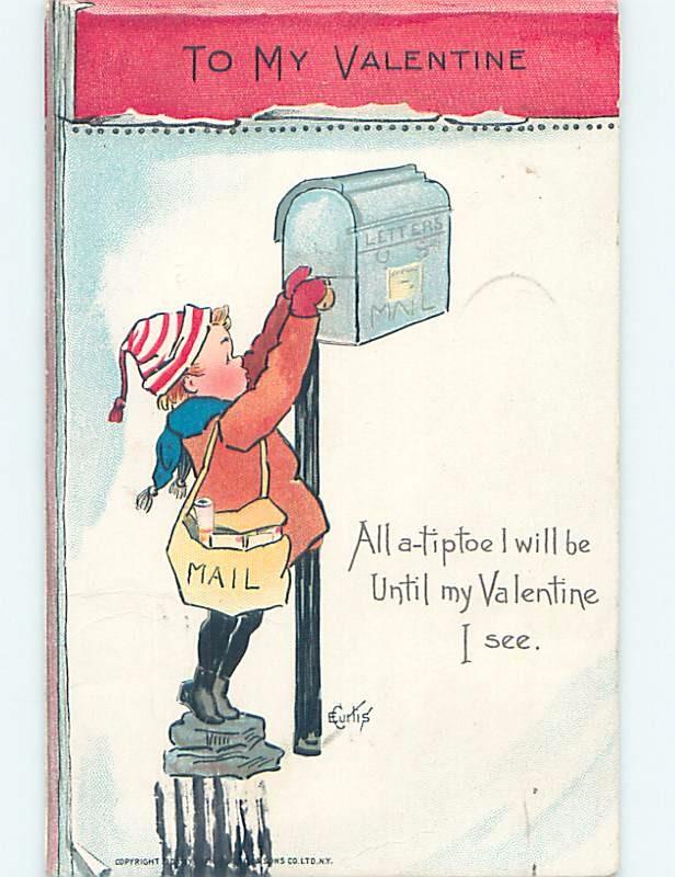 Pre-1907 valentine signed CURTIS - BOY DELIVERS MAIL TO USPS MAILBOX HL1378