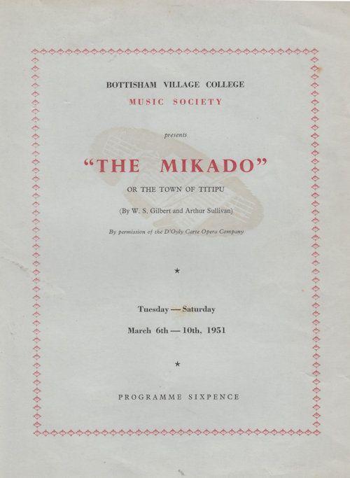 Bottisham Village College Cambridge The Mikado Opera 1951 Theatre Programme