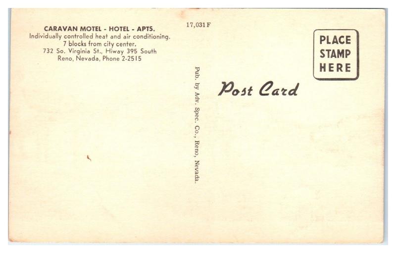 Mid-1900s The Caravan Motel Hotel, Reno, NV Postcard