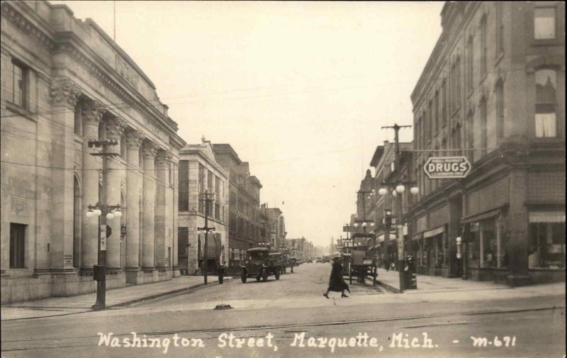 Marquette Michigan MI Washington St. c1910 Crisp Real Photo Postcard