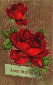 Vintage Postcard Birthday Greetings Large Print Roses Gold Background Card
