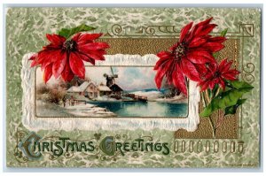 John Winsch Signed Postcard Christmas Greetings Poinsettia Flowers Windmill 1910