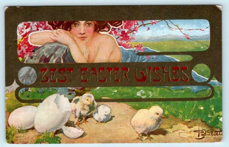 Art Nouveau BEST EASTER WISHES Baby Chicks Artist Signed 1910  Postcard 