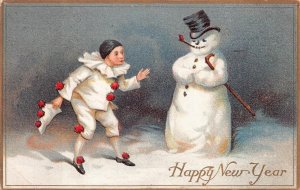 NEW YEAR HOLIDAY SNOWMAN CANE PIPE HAT CLOWN EMBOSSED POSTCARD 1909