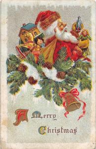 D71/ Santa Claus Merry Christmas Holiday Postcard c1910 Pine Toys Bells Doll 24