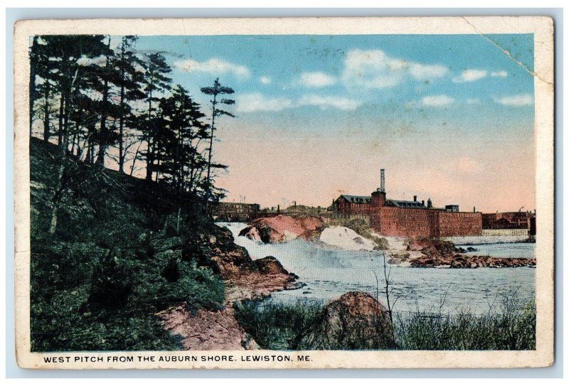 1917 West Pitch Auburn Shore Building Smokestacks Grove Lewiston ME Postcard