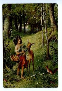 499260 HERRFURTH Grimm Fairy Tale GIRL Deer SQUIRREL Mushroom Vintage postcard