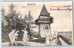 Graz Styria Austria Postcard Tower Clock Happy Easter 1899 Posted Antique