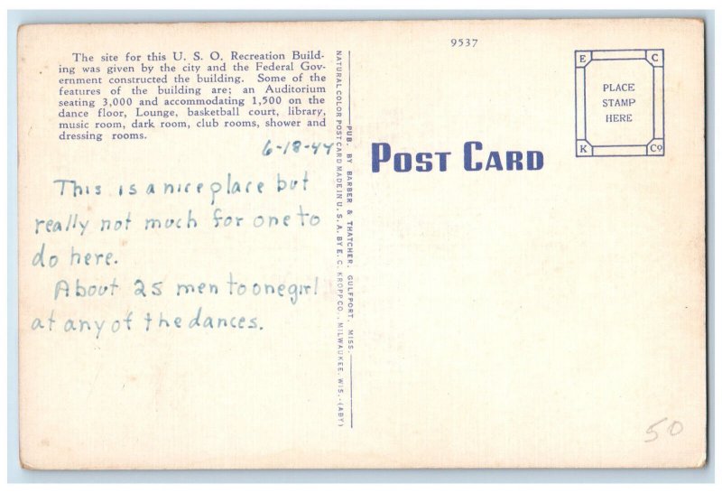1944 U.S.O. Club Biloxi Mississippi MS Vintage Posted Natural Color Postcard 