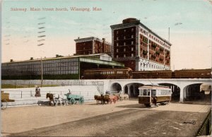 Winnipeg MB Subway Main Street North Streetcar Horses Wagons 1911 Postcard H60