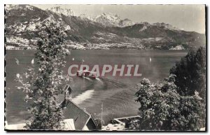 Old Postcard Lake Annecy such as a beautiful white swan The boat cuts through...