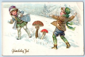 Christmas Children Snowball Fighting Mushroom Winter Gel Gold Gilt Postcard