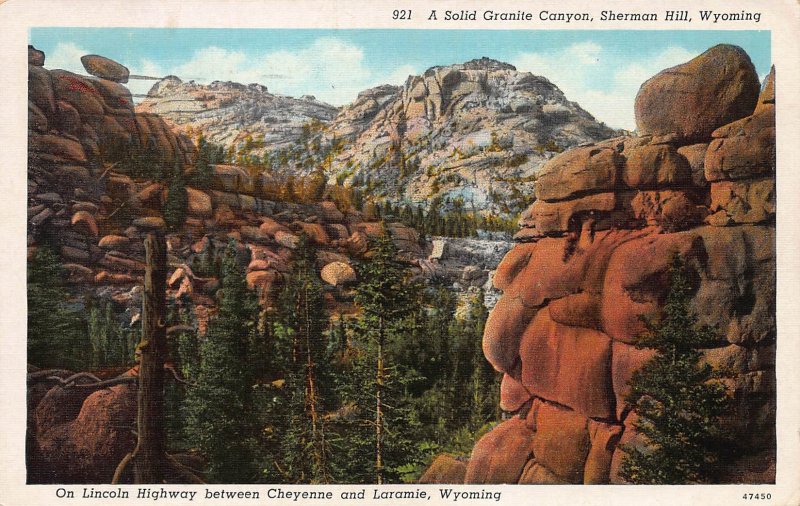 A Solid Granite Canyon, Sherman Hill, Wyoming, Early Postcard, Used in 1941