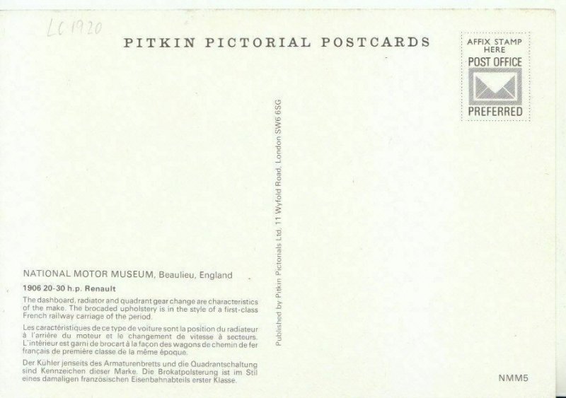 Motor Cars Postcard -1906 20-30 H.P Renault - National Motor Museum - Ref 20844A