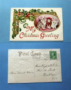 My Christmas Greeting Postcard Kittens / Cats Holly Berries, Holiday, Antique