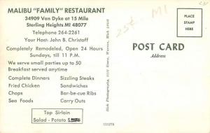 Sterling Heights Michigan Malibu Family Restaurant Vintage Postcard K89172