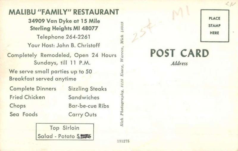 Sterling Heights Michigan Malibu Family Restaurant Vintage Postcard K89172