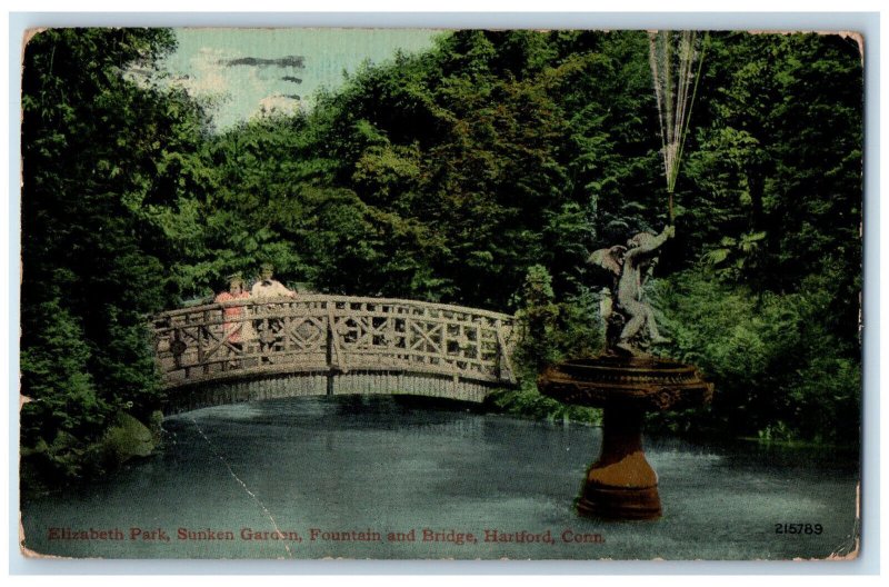 1914 Elizabeth Park, Sunken Garden, Fountain and Bridge, Hartford CT Postcard 