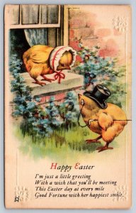 Happy Easter, Anthropomorphic Chicks, Bonnet Hat, Antique Julius Pollak Postcard