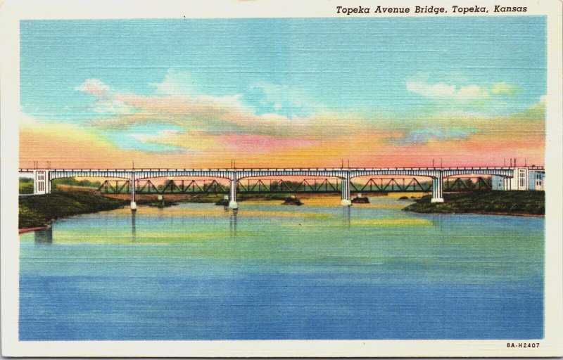 Topeka Avenue Bridge Topeka Kansas Linen Postcard C187