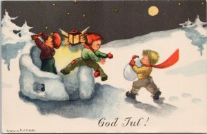 God Jul Merry Christmas Xmas Children Snow Norway Coucheron Postcard G68