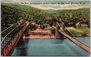 Wheeling West Virginia, Steel & Suspension Bridges Crossing Ohio River, Postcard
