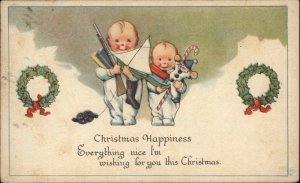 Christmas Cute Kids Clown Doll Sailboat Toy Gun Vintage Postcard