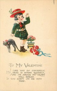 1920s Valentine Postcard; Little Girl's Heart Breaks, Steps on Black Cat's Tail