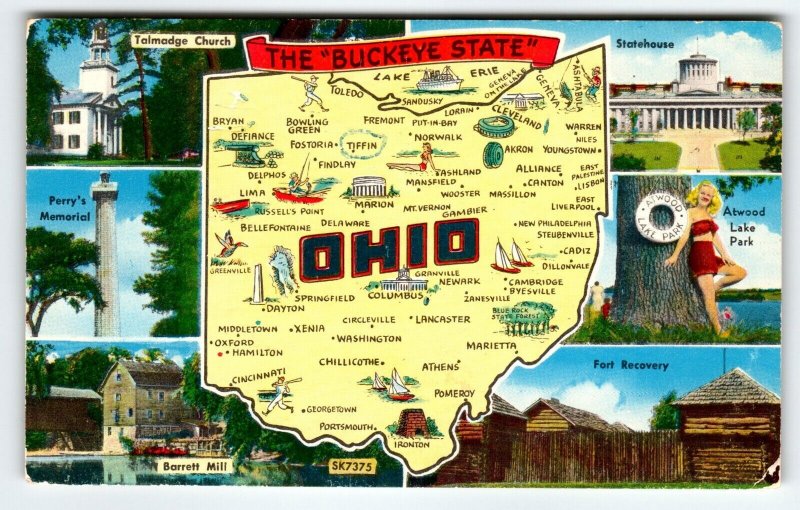 Ohio Map Postcard Chrome Atwood State Park Swim Suit Lady Fort Recovery