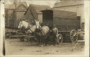 Horse Wagon Team Proud Man FUEL FEE DRAYING Where? Real Photo Postcard