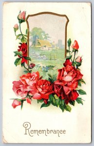 Greetings~Remembrance~Farm House In Frame W/ Red Roses~Emb~Vintage Postcard