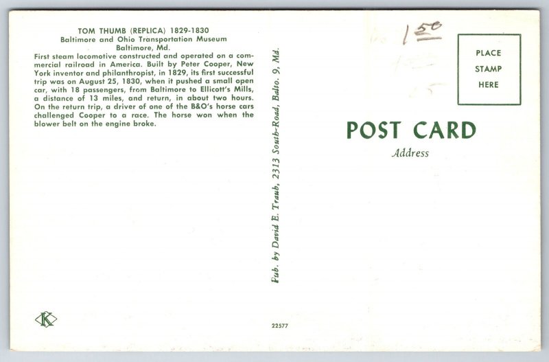 Transportation~Maryland~Tom Thumb Locomotive Replica @ Museum~Vintage Postcard