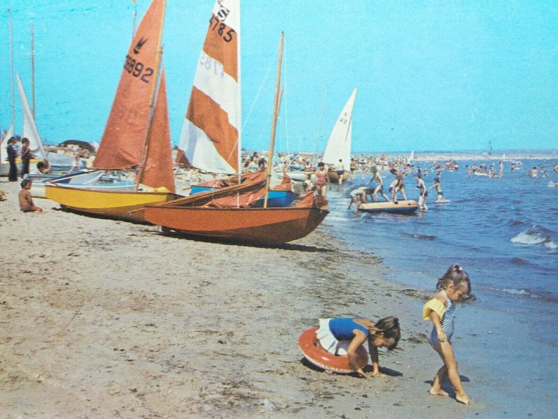 Two Little Girls on Beach by Boats at Studland Dorset Vintage Postcard c1981