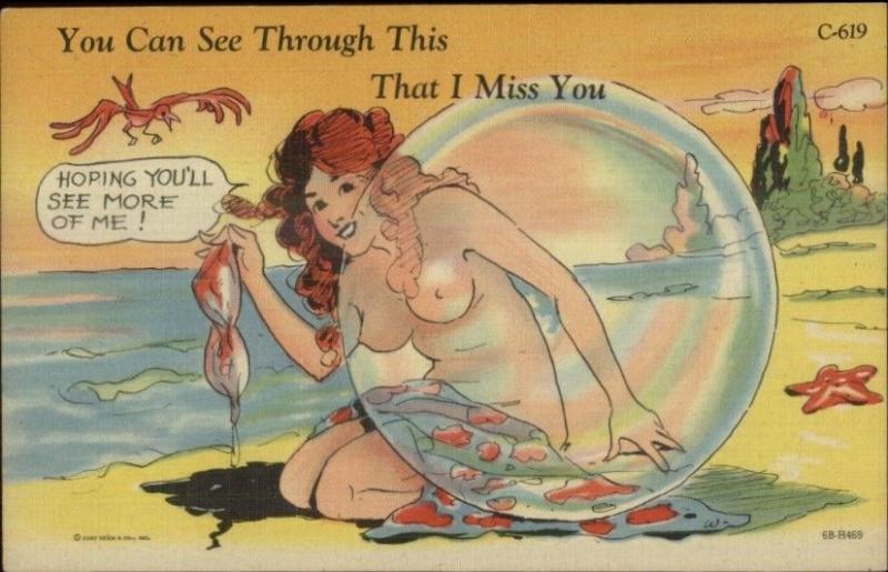 Curt Teich Nude Woman Topless Sexy Woman on Beach C-619 Linen Postcard