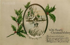 Christmas, With hearty Christmas Greetings, Snow Scene, Holly, RPPC