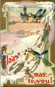 Early 1900s vintage embossed postcard Christmas greeting blue birds snow scene
