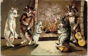 1907 Cats Eating Relaxing Boulanger Fireplace Guitar Anthropomorphic 7-20 