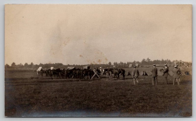 RPPC US Army Show Event Horses Soldiers Tents Dapper Men Real Photo Postcard Q27