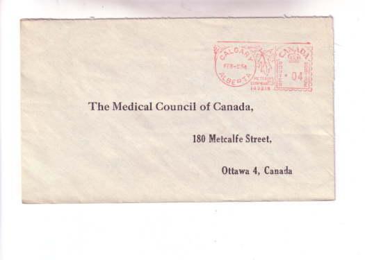 Cover, Medical Council of Canada, Used Calgary Alberta Meter Cancel 1954