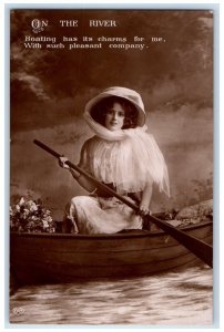 c1910's The River Pretty Woman Boating EAS Romance RPPC Photo Antique Postcard 