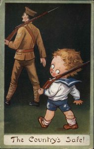 WWI Kute Kiddies Little Boy and Solider with Guns Rifles Vintage Postcard
