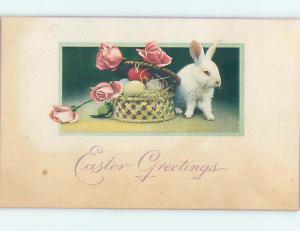 Divided-Back Easter WHITE BUNNY RABBIT BY EGG BASKET & ROSE FLOWERS o6106