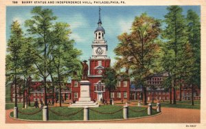 Vintage Postcard Barney Statue And Independence Hall Philadelphia Pennsylvania