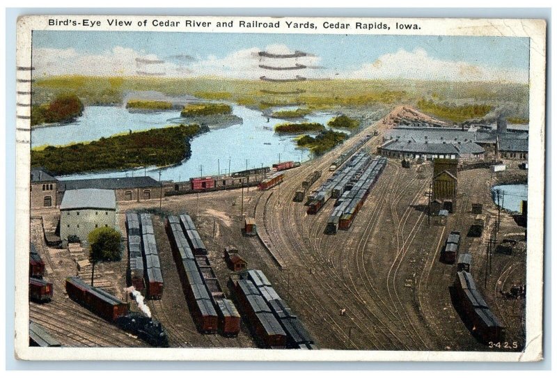 1927 Bird's Eye View Cedar River & Railroad Yards Cedar Rapids Iowa IA Postcard