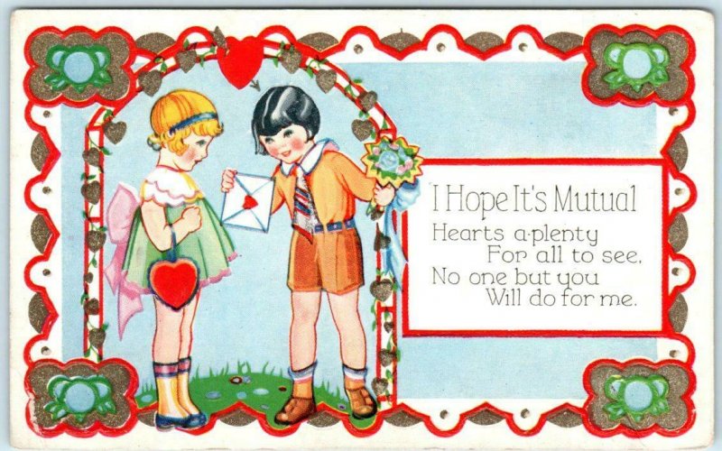 Art Deco  VALENTINE I Hope It's Mutual Children Hearts EMBOSSED Postcard