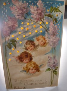 Hold To Light Postcard Christmas Cherub Angles Stars Pink Flowers HTL  1906