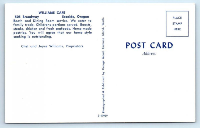 SEASIDE, Oregon OR ~ Roadside WILLIAMS CAFE Clatsop County c1960s Postcard 
