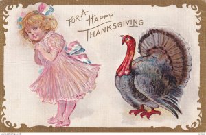 THANKSGIVING, PU-1909; Girl in Pink dress facing away from Wild Turkey